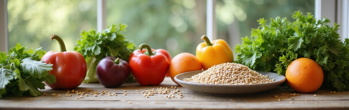 A serene image of a balanced meal with fresh vegetables, fruits, and grains on a wooden table, suggesting health and wellness.
