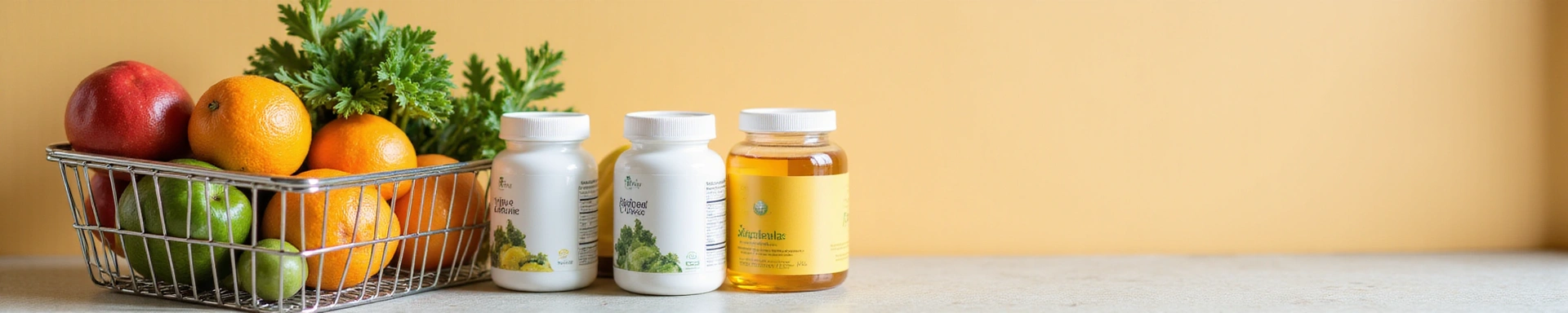 A high-quality, aesthetic image of a shopping cart or basket filled with various natural products like fresh fruits, vegetables, and herbal supplements, in a clean, minimalist style. No text, letters, or inscriptions are visible on the image. The lighting is soft and natural, emphasizing the organic and fresh nature of the items.