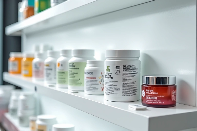 Various health and beauty products displayed neatly on a shelf with price tags